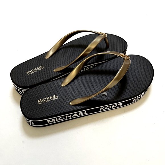 NWOB MICHAEL KORS Graphic Flip-Flop Sandals Slide On Thong Brown Gold - Picture 5 of 11